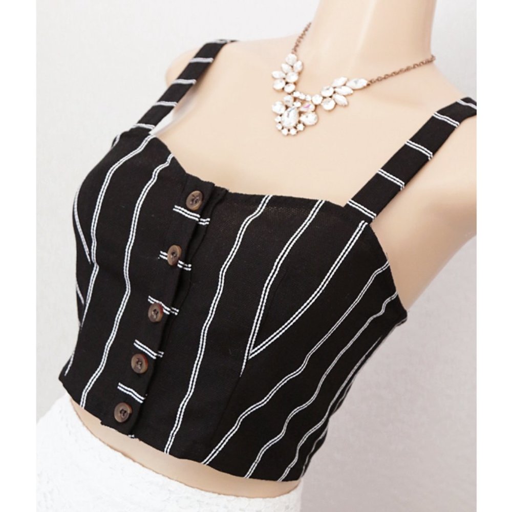 Black Striped Linen Cotton Button Up Cropped Top - Picture 2 of 8